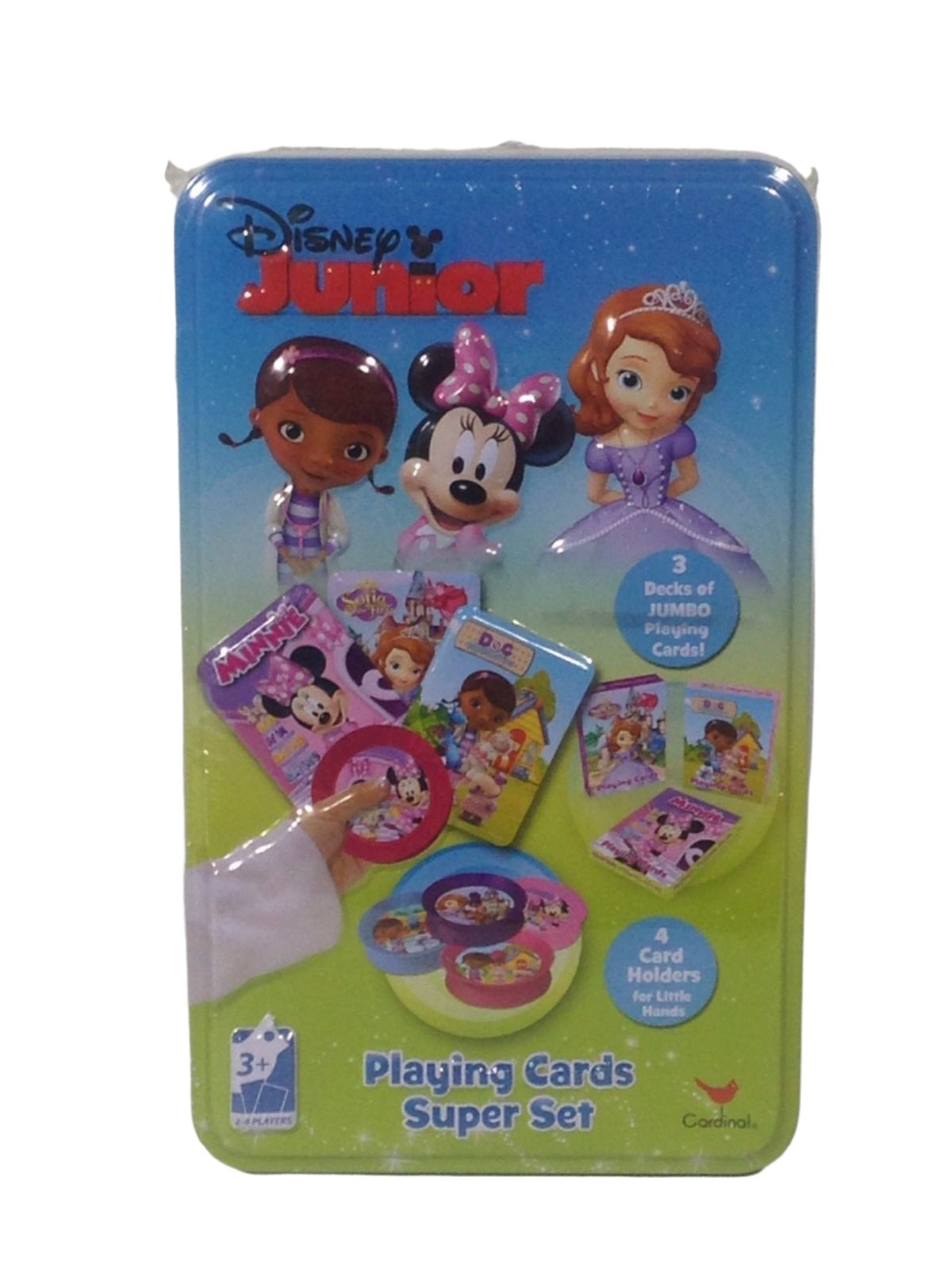 Blue and green tin of jumbo playing cards with Doc McStuffins, Minnie Mouse and Sofia