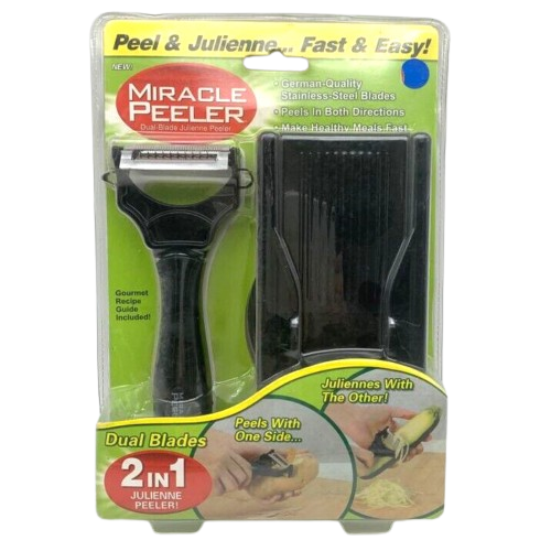 Black dual-blade julienne peeler and slicer frame in their green blister pack