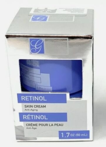 Silver box of Retinol anti-aging skin cream, 1.7 oz, with a blue jar inside