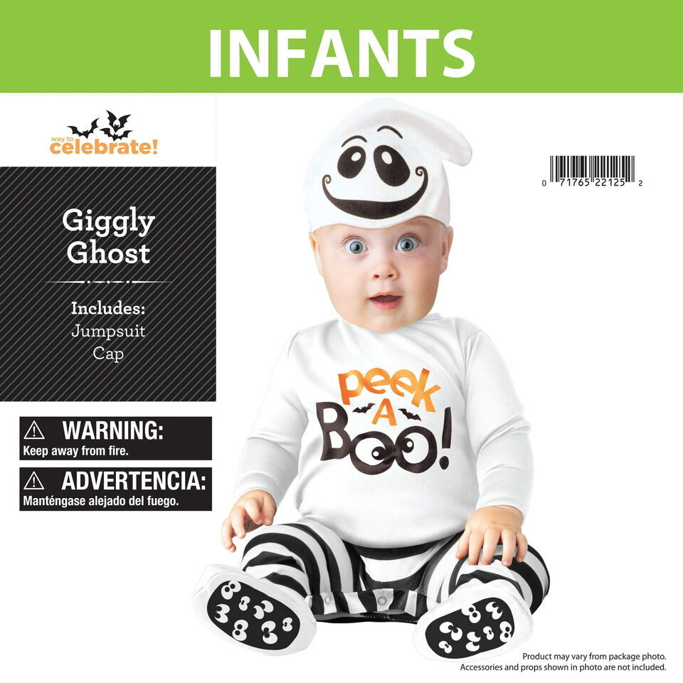 Package front of the infant ghost costume with jumpsuit and cap, worn by a baby