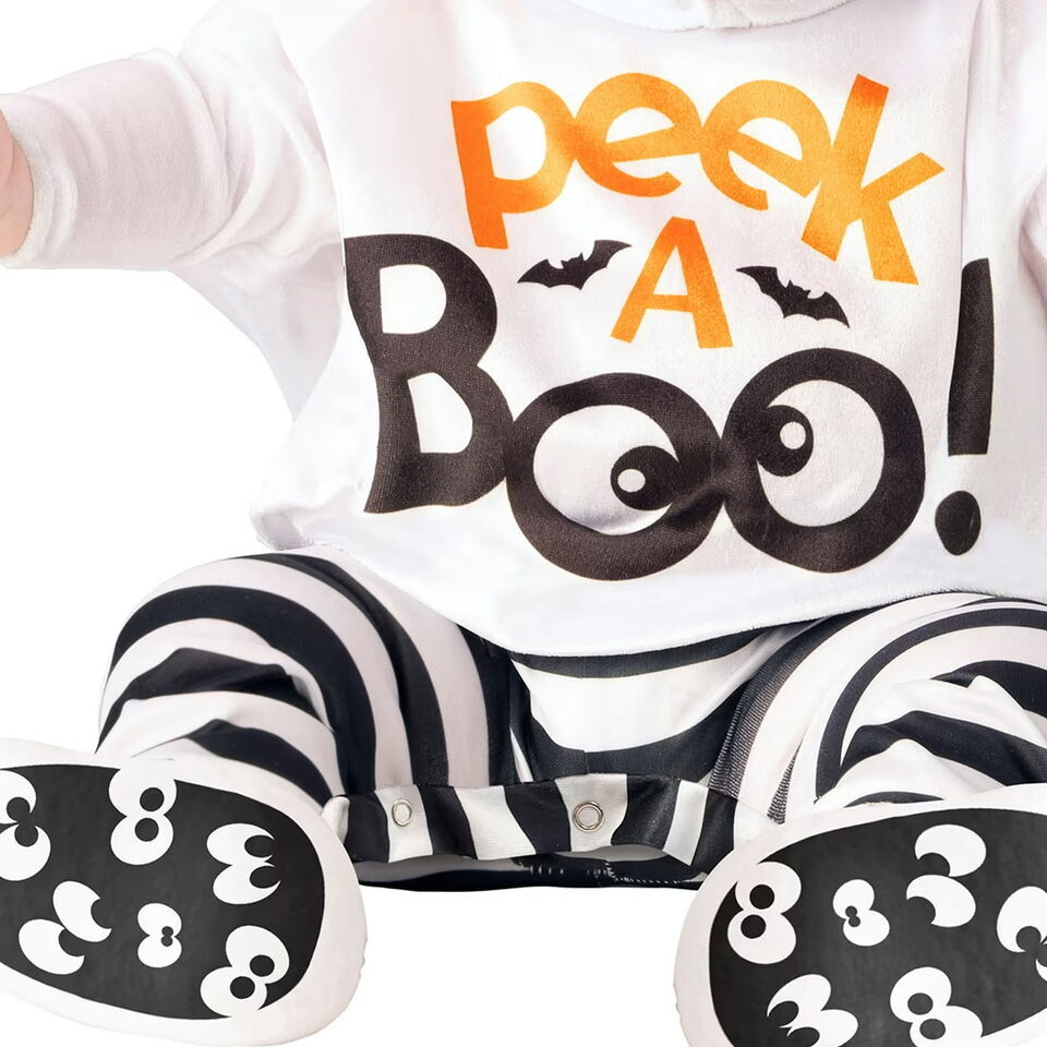 Close-up of the Peek A Boo print, striped legs and googly-eye print feet