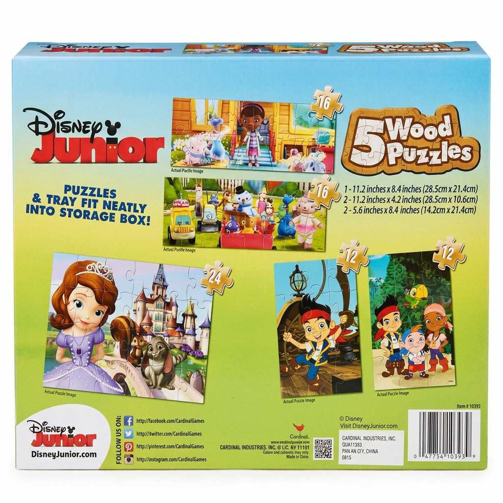 Back of Disney Junior puzzle box showing the Sofia, Doc McStuffins and Jake and the Never Land Pirates puzzles