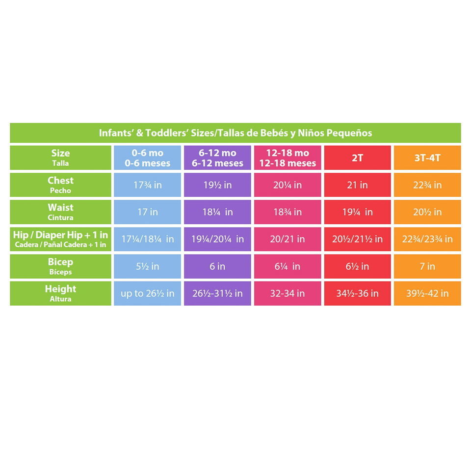Infant and toddler costume size chart from 0-6 months to 3T-4T