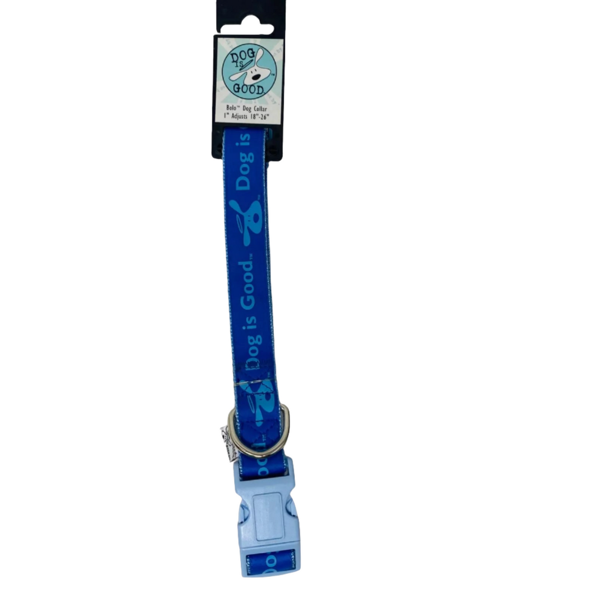 Blue collar on its hang card showing the cartoon dog print, metal D-ring and buckle