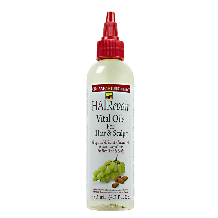 Clear 4.3 oz bottle of vital oils for hair and scalp with a red nozzle cap, grapes and almonds