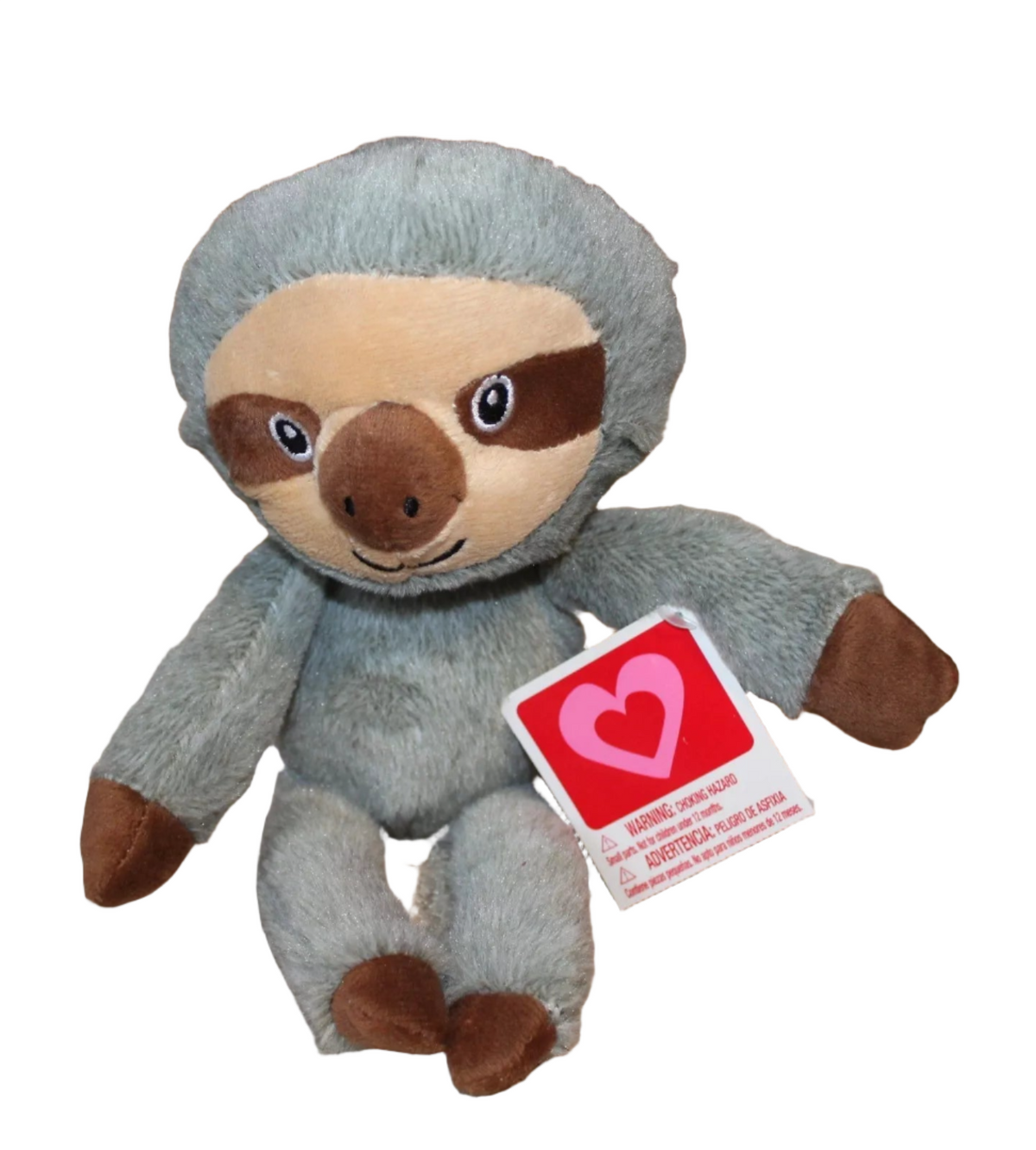 Grey plush sloth with a tan face and brown eye patches, red heart tag
