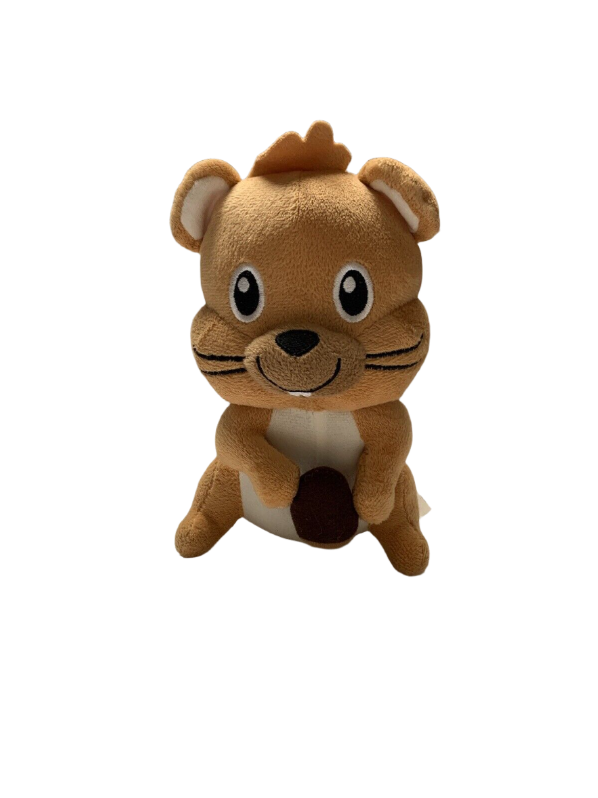 Tan plush squirrel with a cream belly holding a brown felt acorn