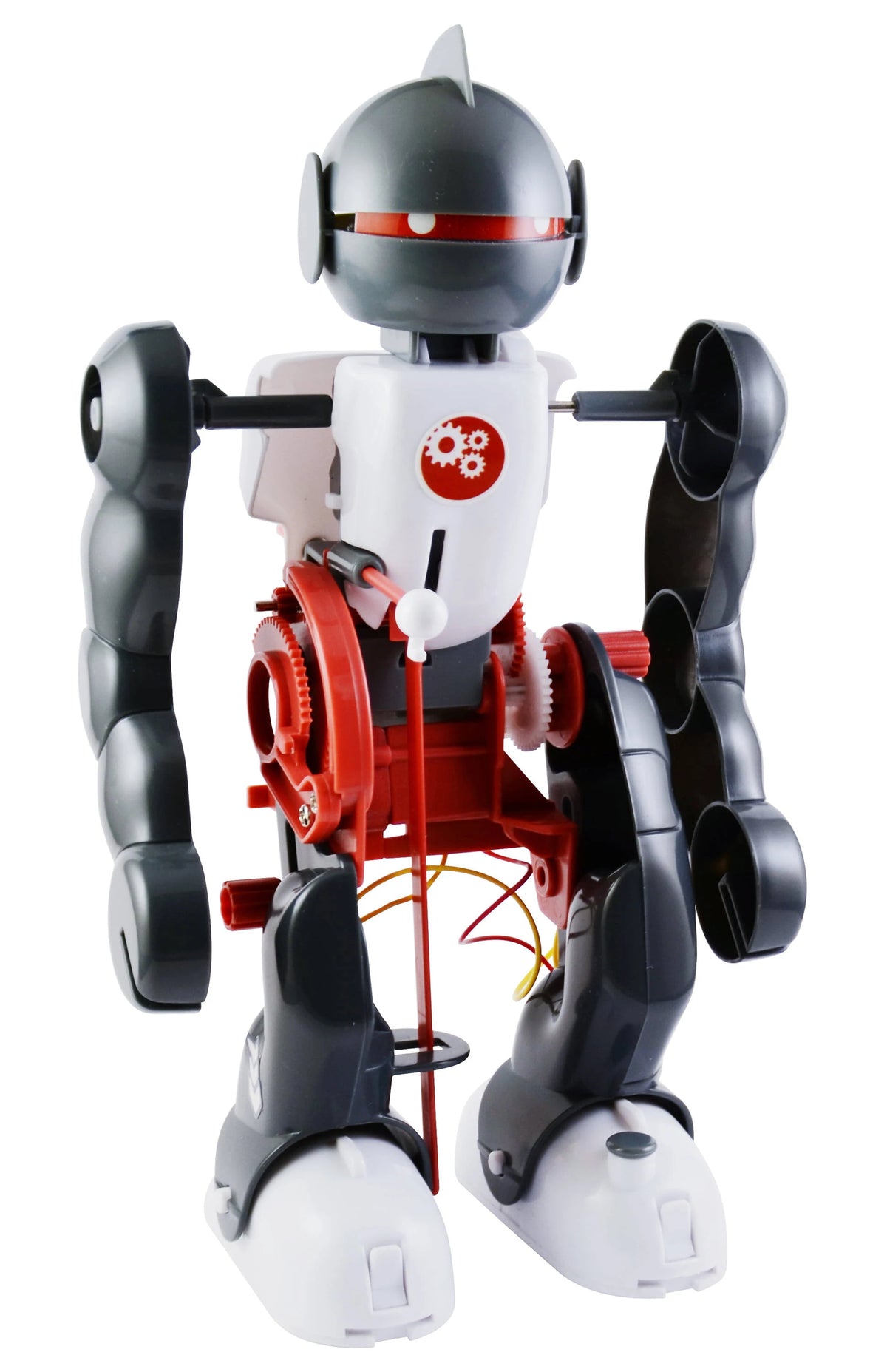 Grey, white and red build-it-yourself robot with exposed gears and long arms