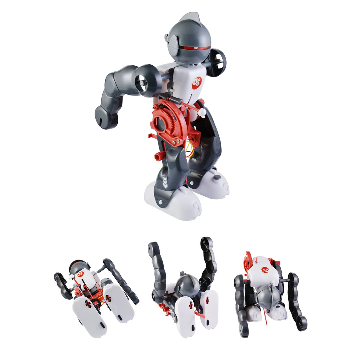 Kit robot standing above three shots of it flipping and tumbling