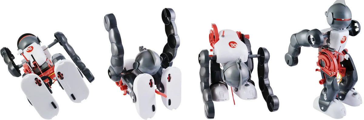 Row of four tumbling robot poses from handstand to standing