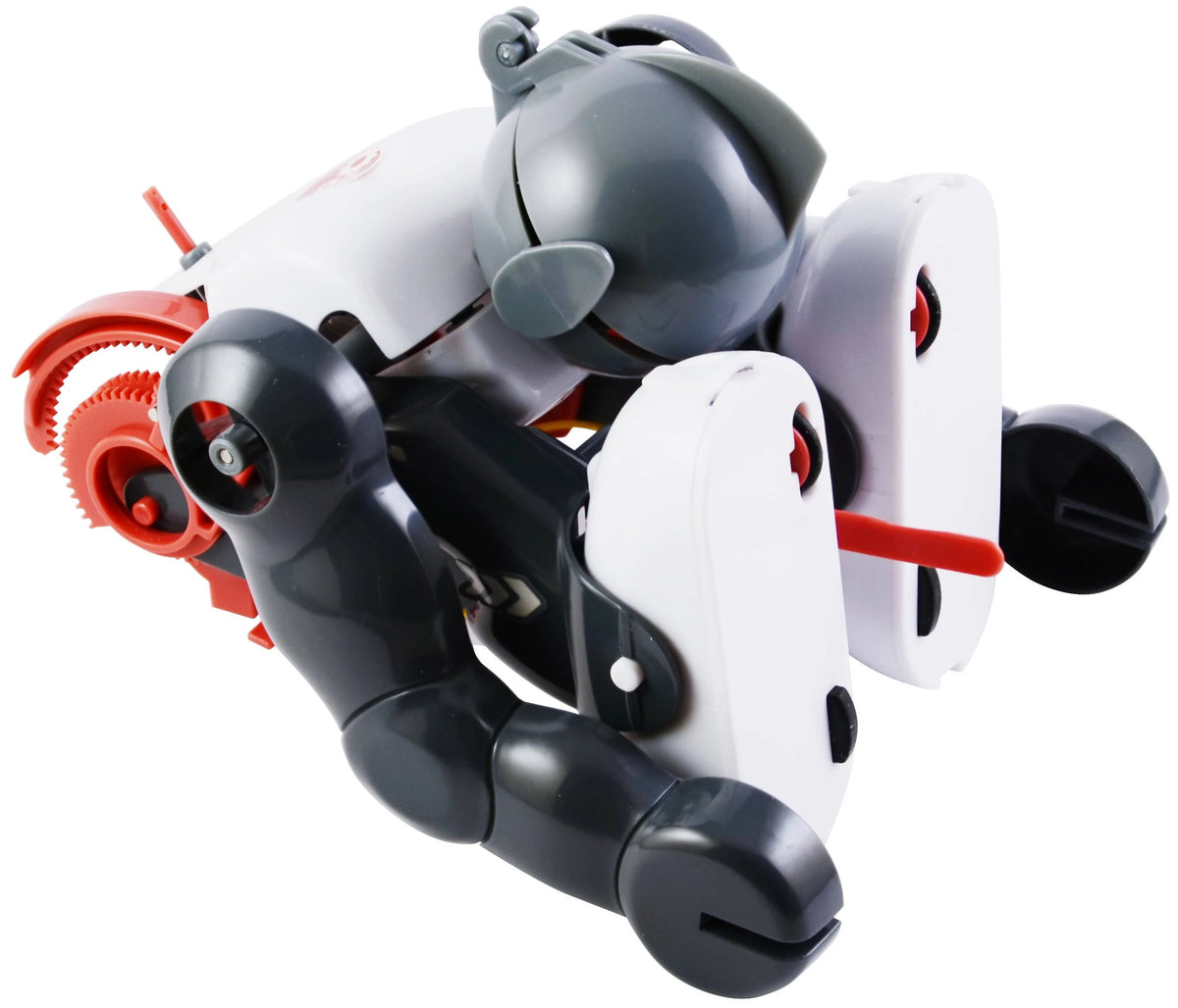 Tumbling robot curled up mid-roll with red gears on its back