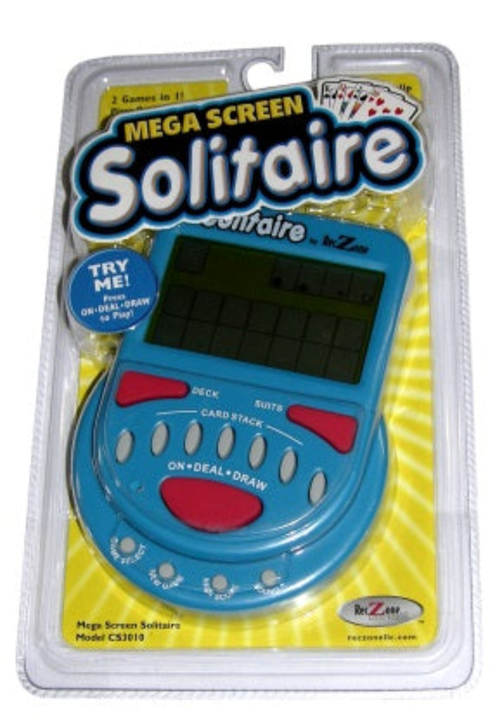 Blue handheld electronic solitaire game with large LCD screen in a yellow blister pack