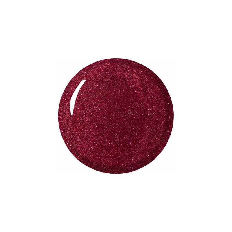 Round swatch of deep red glitter gel polish