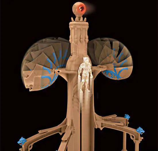 Tower top with spinning blades and a glowing red eye light
