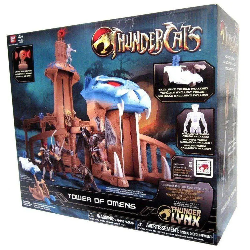 Boxed tower playset with a blue panther-head gate and figures