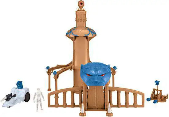 Brown tower playset with blue panther head, clear figure, vehicle and catapult