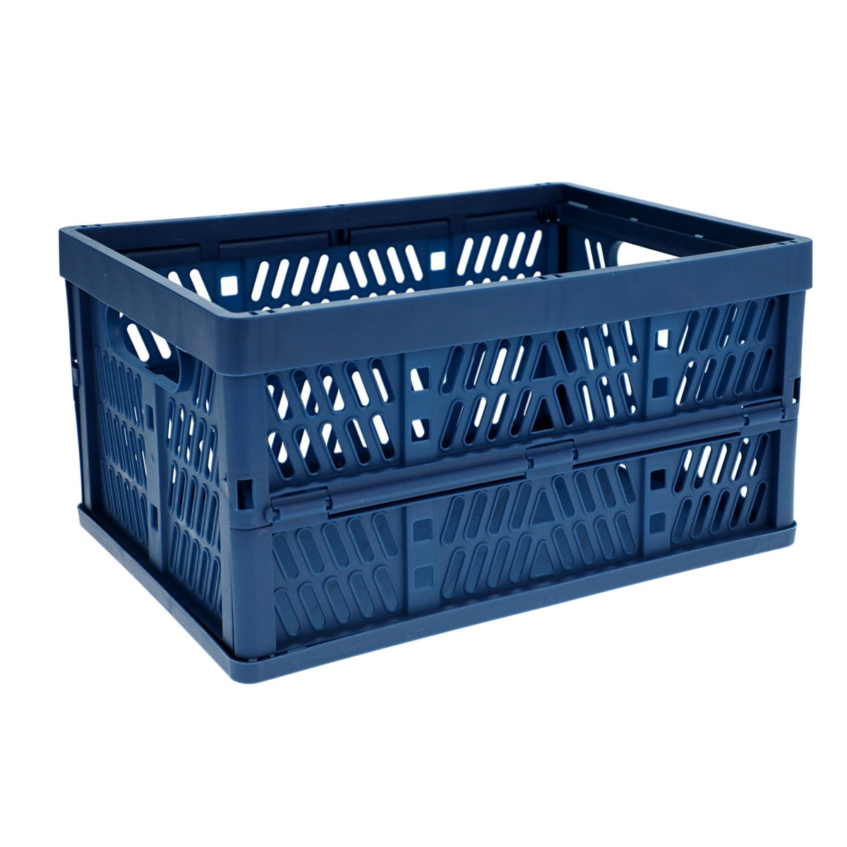 Navy blue collapsible plastic crate opened up, with slotted sides