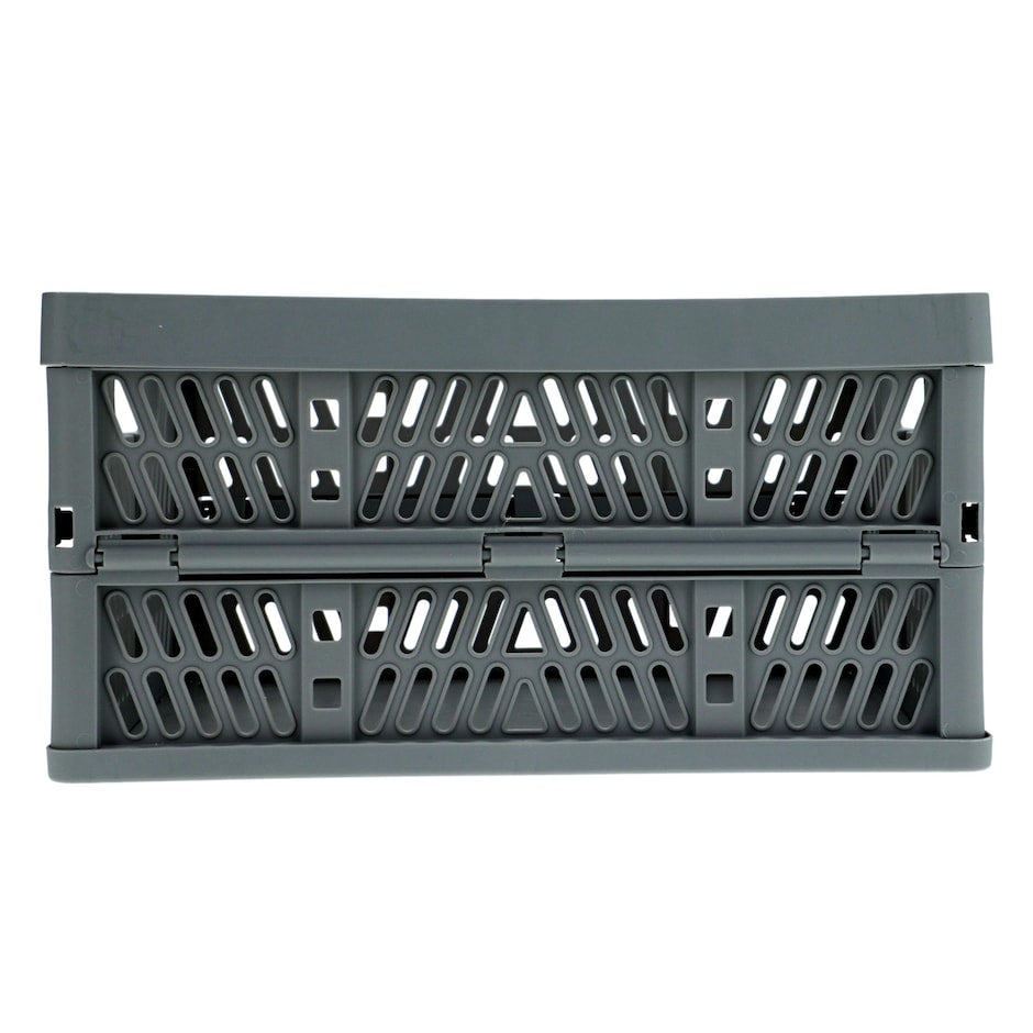 Side view of the grey crate showing the hinge where the wall folds down