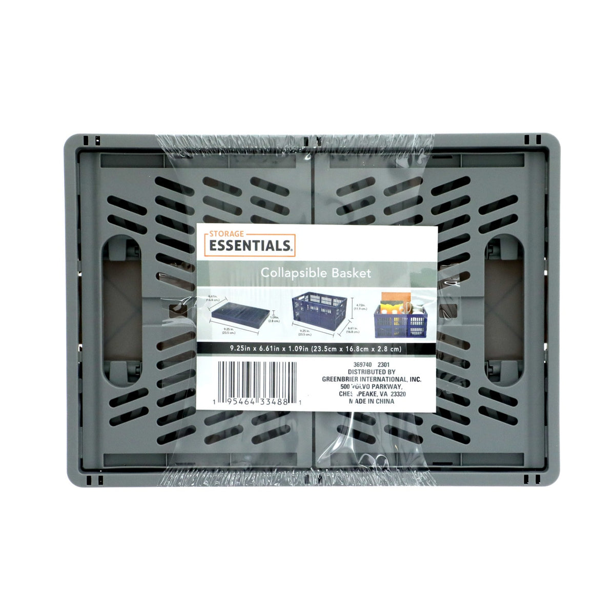 Folded flat grey crate in shrink wrap with a collapsible basket label showing dimensions