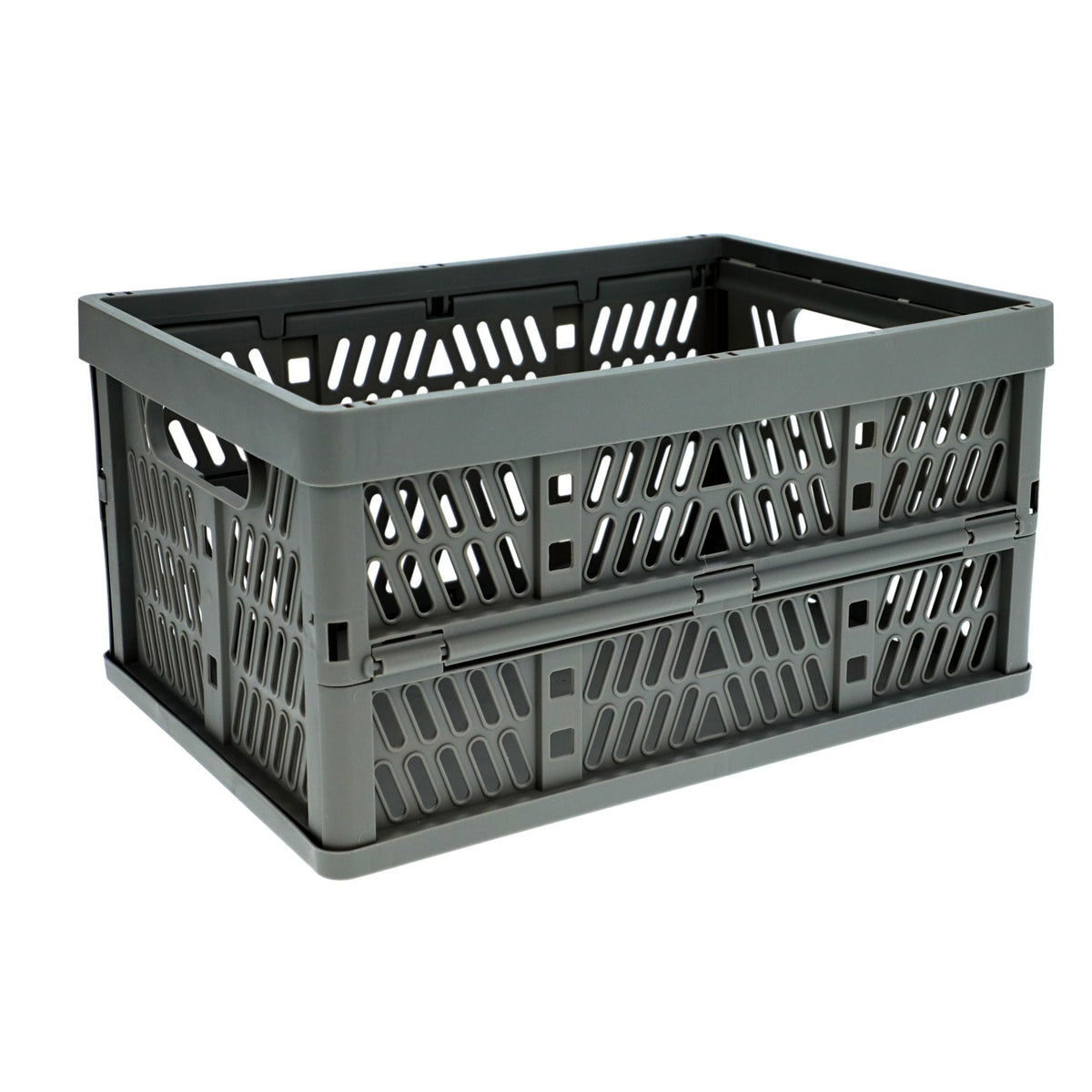 Grey collapsible plastic crate opened up, with slotted sides and folding hinges