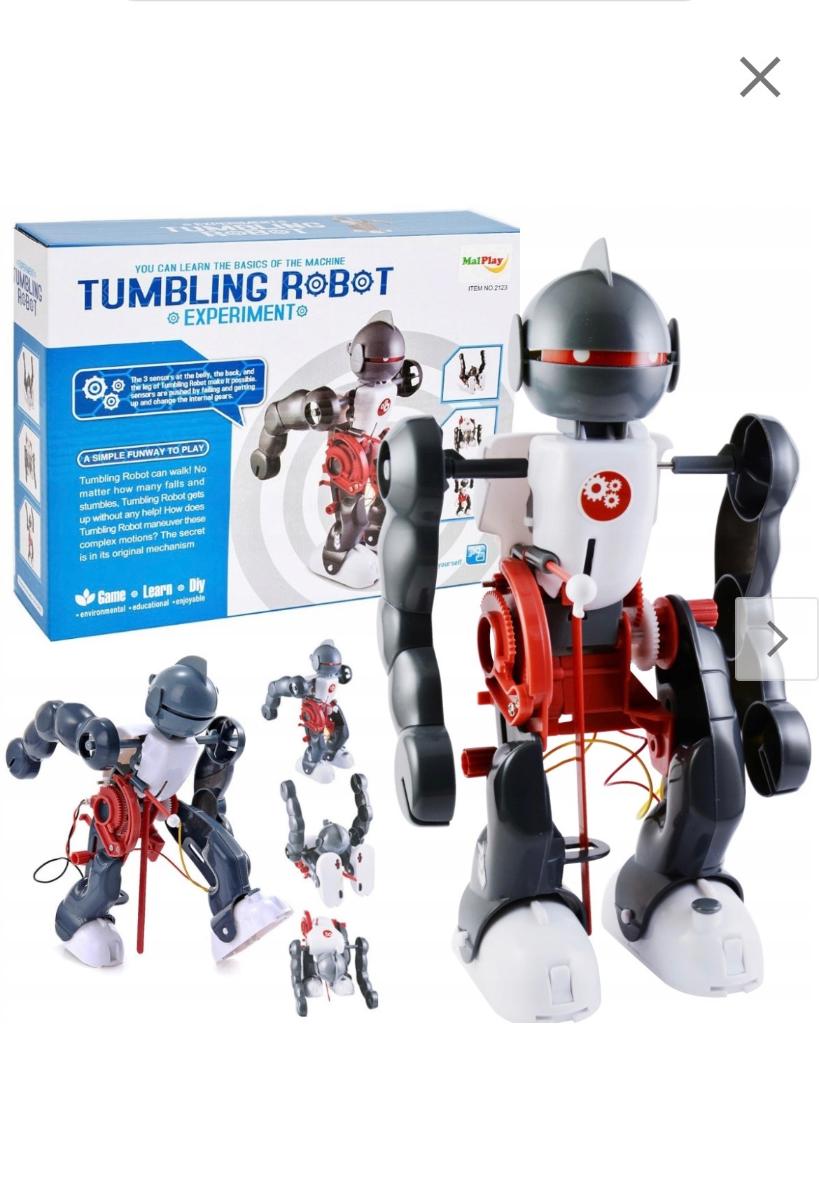 Assembled gray and white tumbling robot beside its box, with smaller views of it flipping over