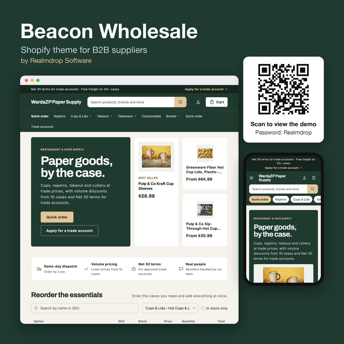 Beacon Wholesale Shopify theme on a desktop browser and phone: green paper supply store with quick order table, trade account button and product cards, plus a QR code to the demo