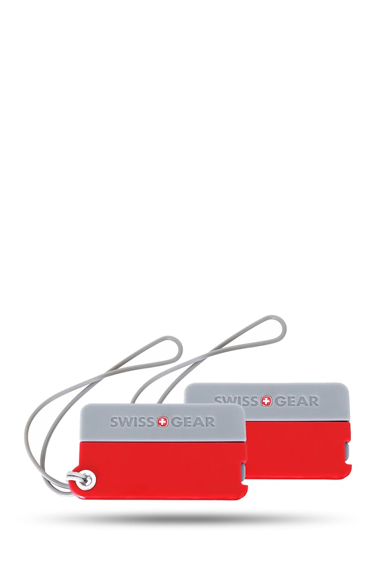 Two red and grey luggage tags with grey loop straps