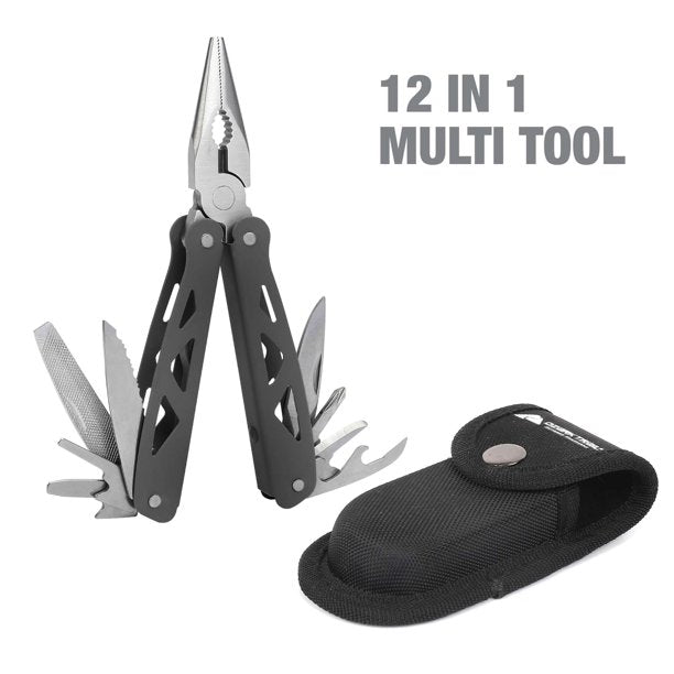 Black Ozark Trail 12-in-1 multi-tool fanned open beside its nylon sheath