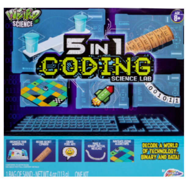 Weird Science 5 in 1 Coding Science Lab kit box with cipher wheel and pixel art