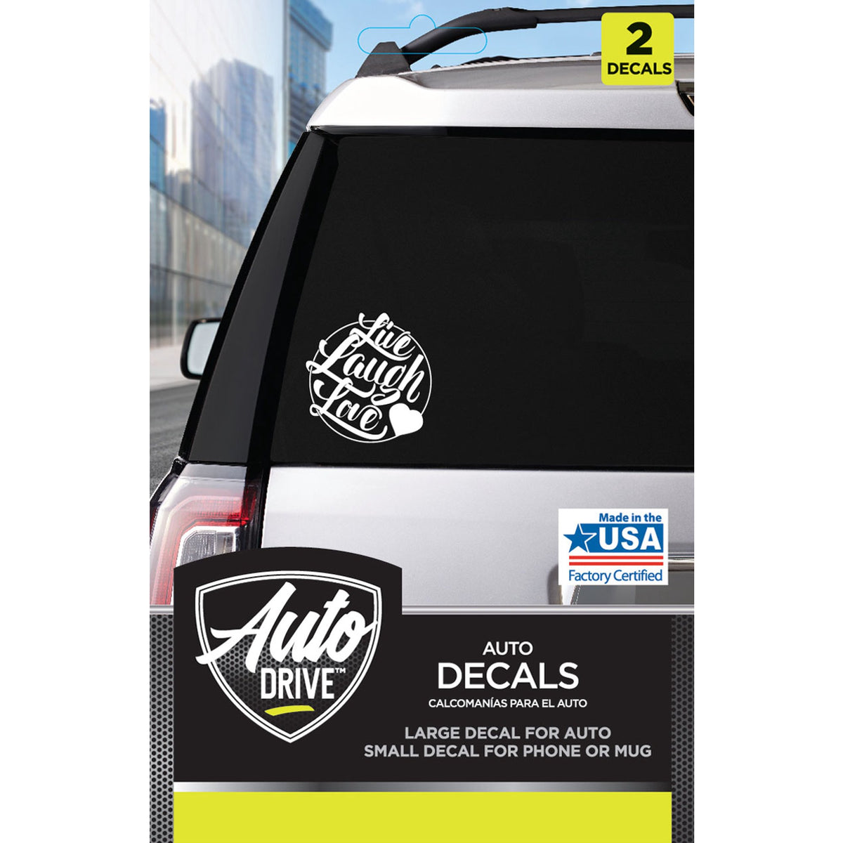 Auto Drive 2-decal pack, white Live Laugh Love script decal on an SUV rear window