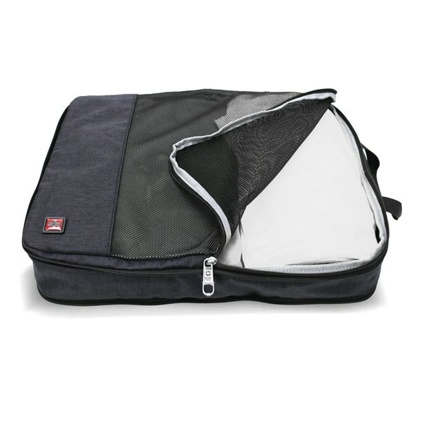 Open SwissTech packing cube showing a folded white shirt inside the mesh lid