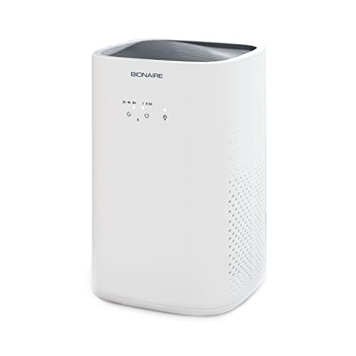 White tower air purifier with a grey top grille and touch controls