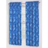 Small view of two blue curtain panels with a hero silhouette print