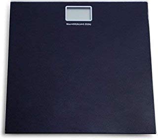 Square black glass digital bathroom scale with a small display