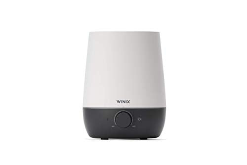 Compact white and dark grey cool mist humidifier with a front dial