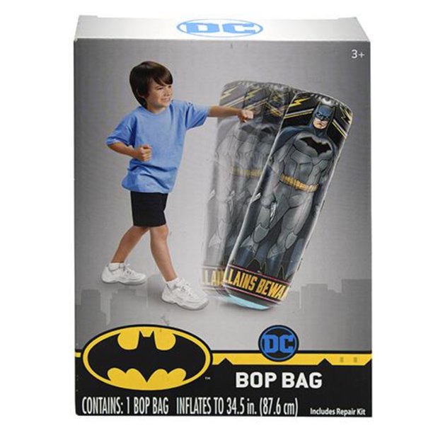 DC Batman inflatable bop bag box, a boy punching the 34.5 inch Batman punching bag