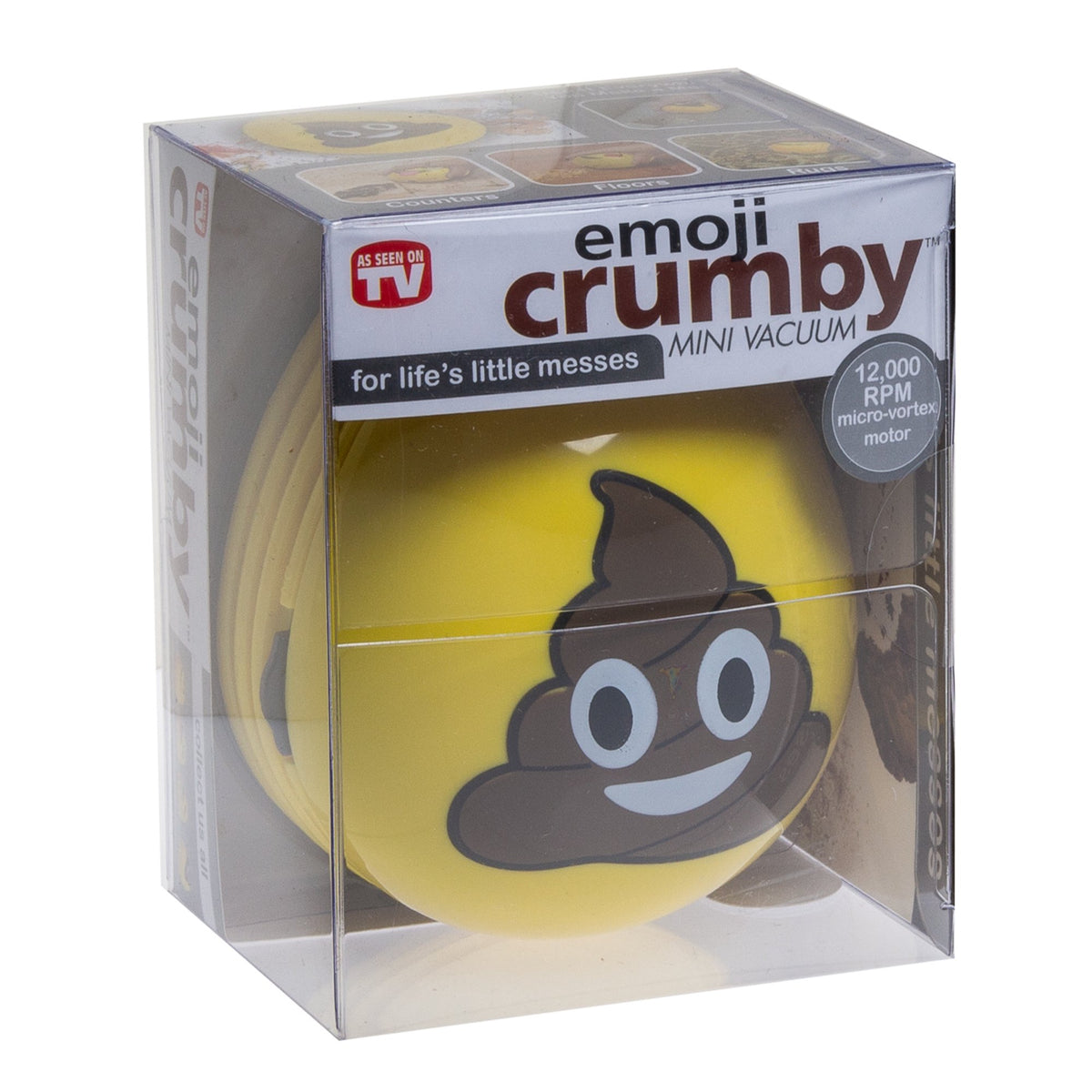 Emoji Crumby poo mini vacuum in its clear retail box, 12,000 RPM motor