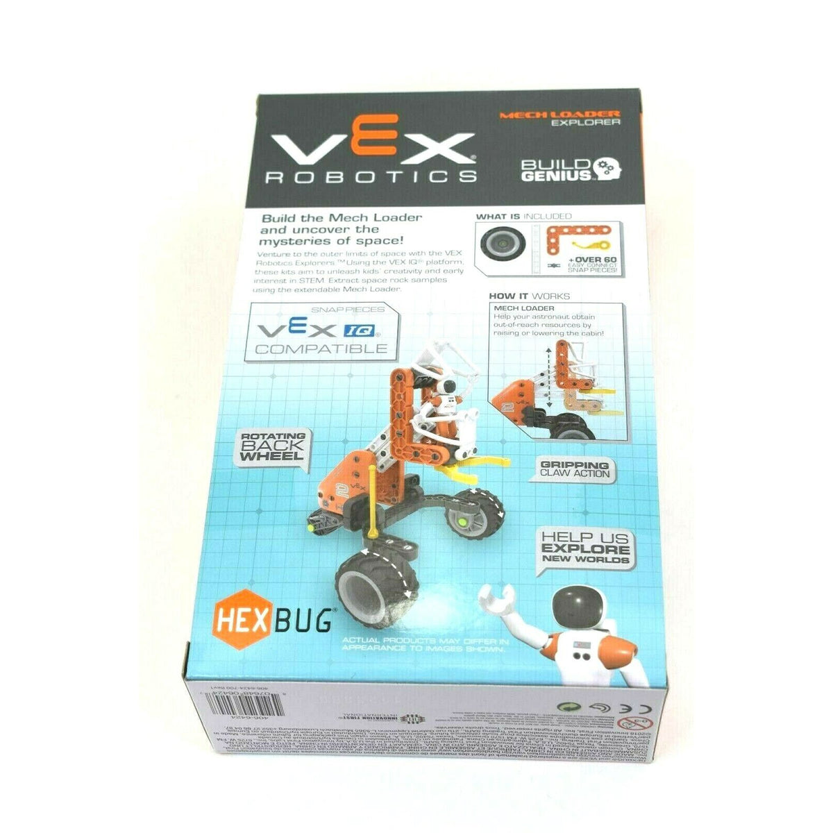 Back of the Mech Loader box with build features, included parts and VEX IQ compatibility
