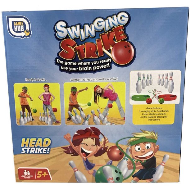Back of the Swinging Strike box with how-to-play photos and contents list