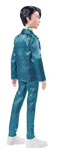 Back view of the BTS RM doll in its teal patterned suit and white sneakers