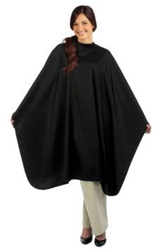 Woman holding out a black styling cape with a snap neck
