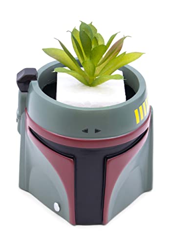 Boba Fett helmet-shaped planter holding a faux succulent