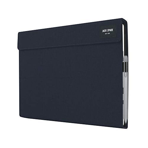 Navy woven Jack Spade wrap folio for Surface Pro with black label and pen loop, angled