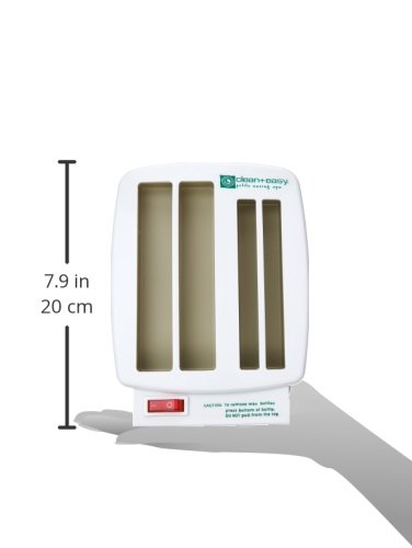 Outlined hand holding the white four-slot wax warmer, 7.9 inches tall