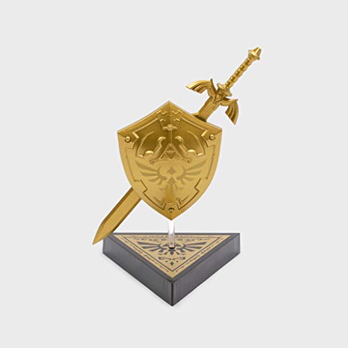 Gold Hylian shield and Master Sword on a triangular stand