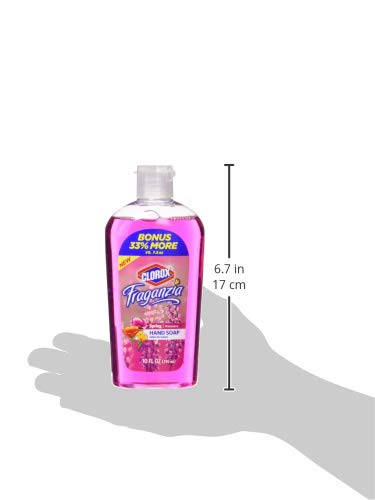 Pink hand soap bottle in an outlined hand, 6.7 inches tall