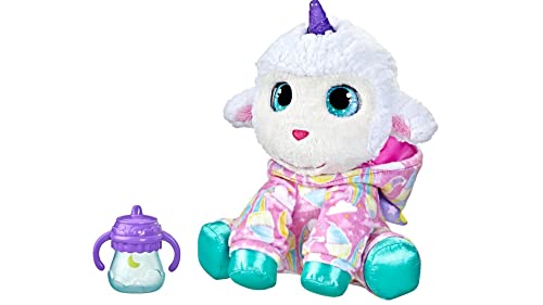 White lamb plush with purple horn in pink cloud pajamas beside its purple bottle