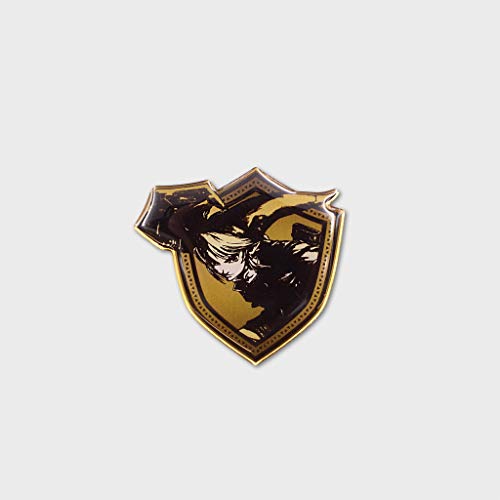 Shield-shaped enamel pin with Link in gold and black