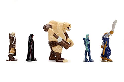 Five die-cast Dungeons and Dragons figures: barbarian, drow rogue, ogre, elf paladin and cleric