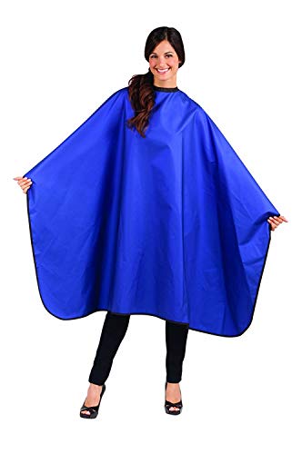Woman wearing a royal blue Mirage salon cape held out wide